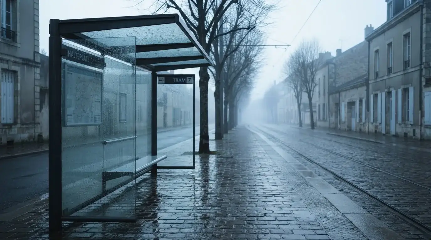 Pusta wiata przystanku tramwajowego na miejskiej ulicy o świcie, pusta ławka i mokry chodnik.