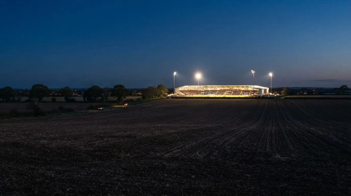 Stadion rozświetlony reflektorami widziany z daleka znad ciemnych pól w pogodny wieczór.
