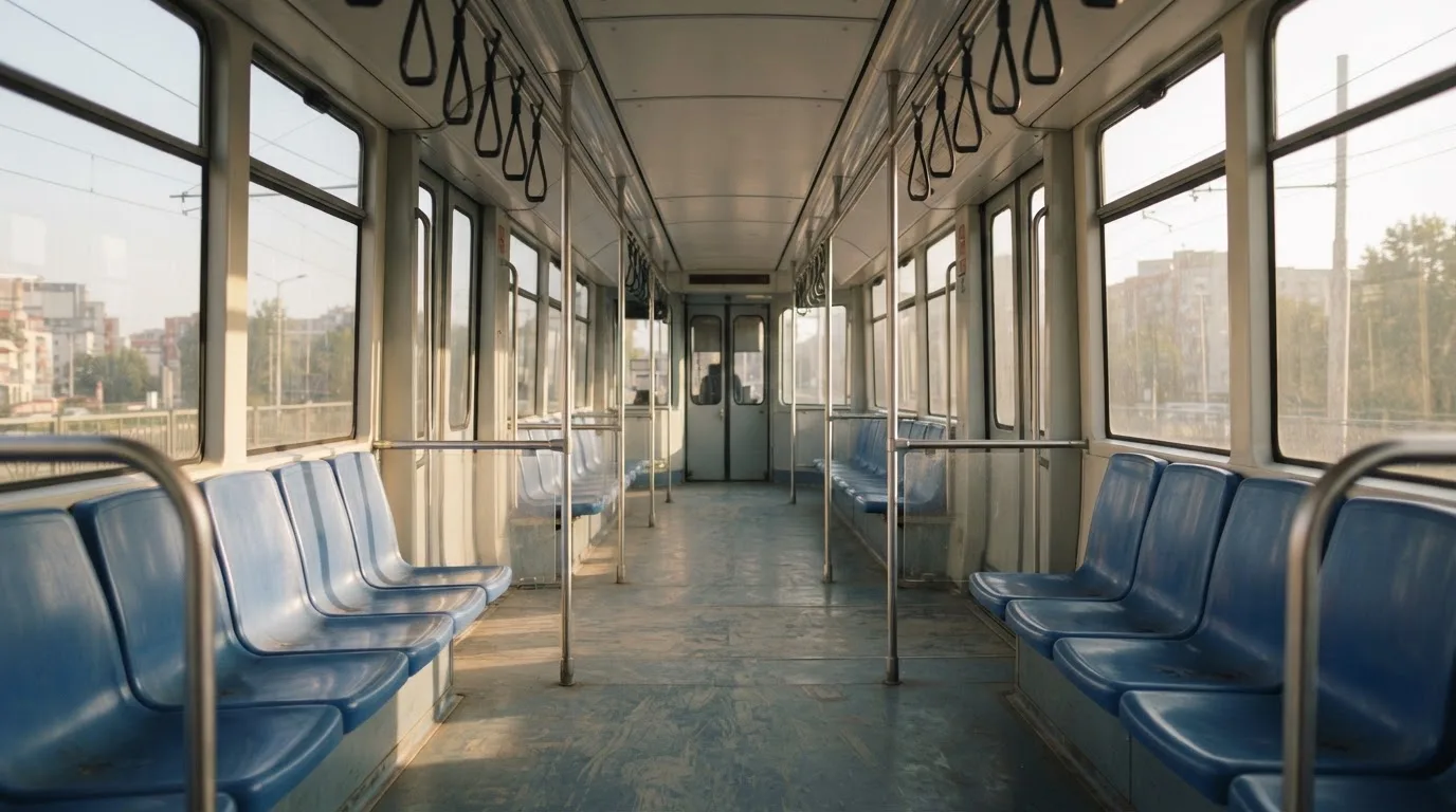 Wnętrze pustego tramwaju z rzędami siedzeń i poręczą w porannym świetle.