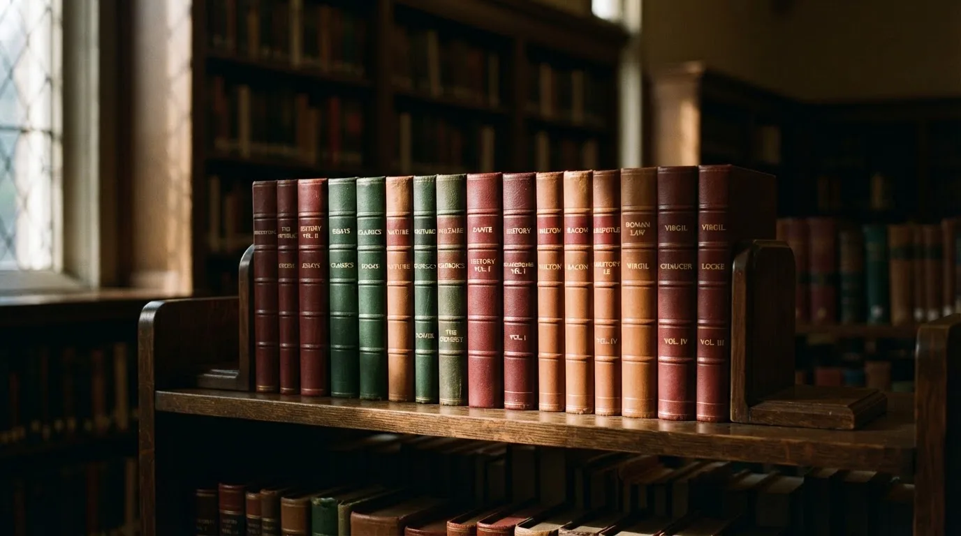 Regał z zamkniętymi książkami w skórzanych oprawach w cichej bibliotece, światło pada z boku.