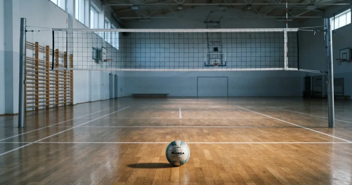 Siatka do siatkówki rozpięta w pustej sali, na podłodze leży piłka.