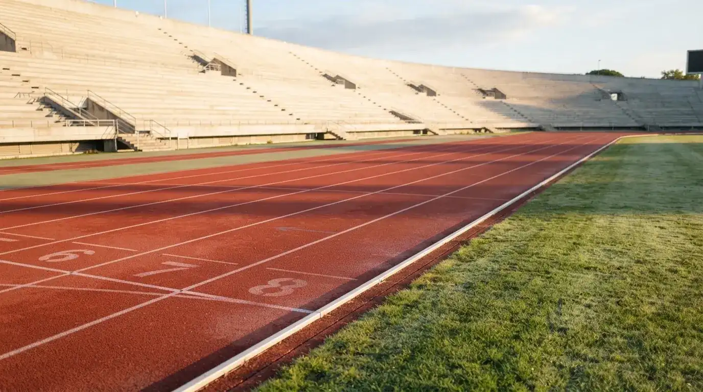 Bieżnia lekkoatletyczna wygięta w łuk pustego stadionu w porannym słońcu.