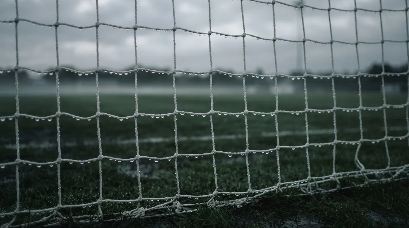 Siatka bramki piłkarskiej w kroplach deszczu, ujęcie z boku o szarym poranku.