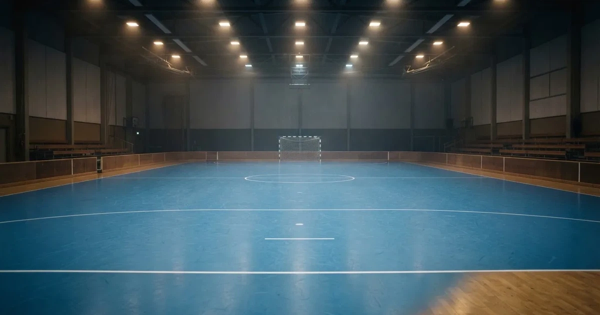 Hala z niebieskim parkietem i niewielkimi bramkami po obu stronach, pusta, światło padające z sufitu.