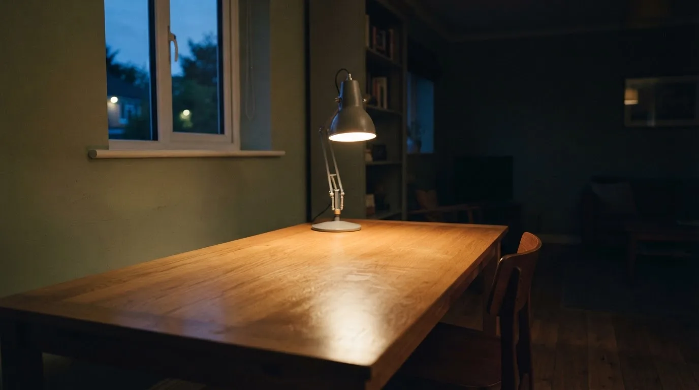 Lampa biurkowa świecąca na pustym drewnianym biurku w cichym gabinecie wieczorem, obok puste krzesło.