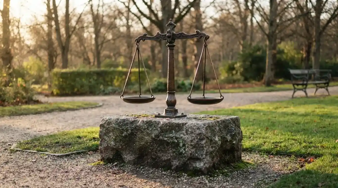 Rzeźba w brązie przedstawiająca wagę szalkową na kamiennym cokole w parku, poranne światło.