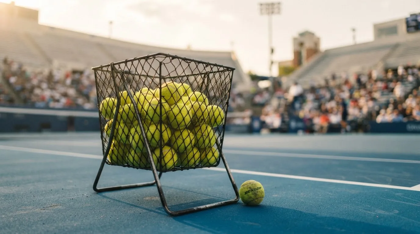 Kilka żółtych piłek tenisowych w siatkowym koszu na skraju kortu, letnie popołudnie, rozmyty stadion w tle.