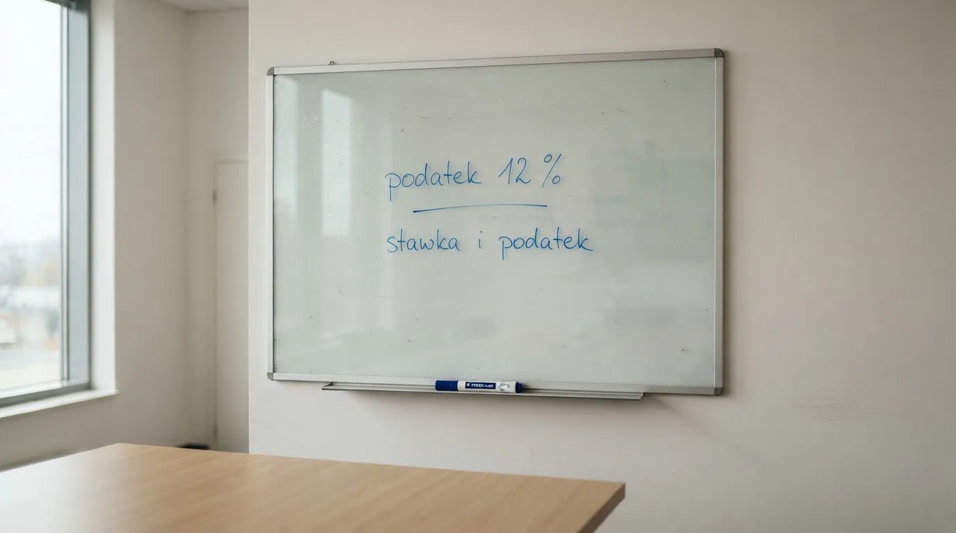 Szklana tablica suchościeralna w pustej sali konferencyjnej, lekko zakurzona, obok leży niebieski pisak.