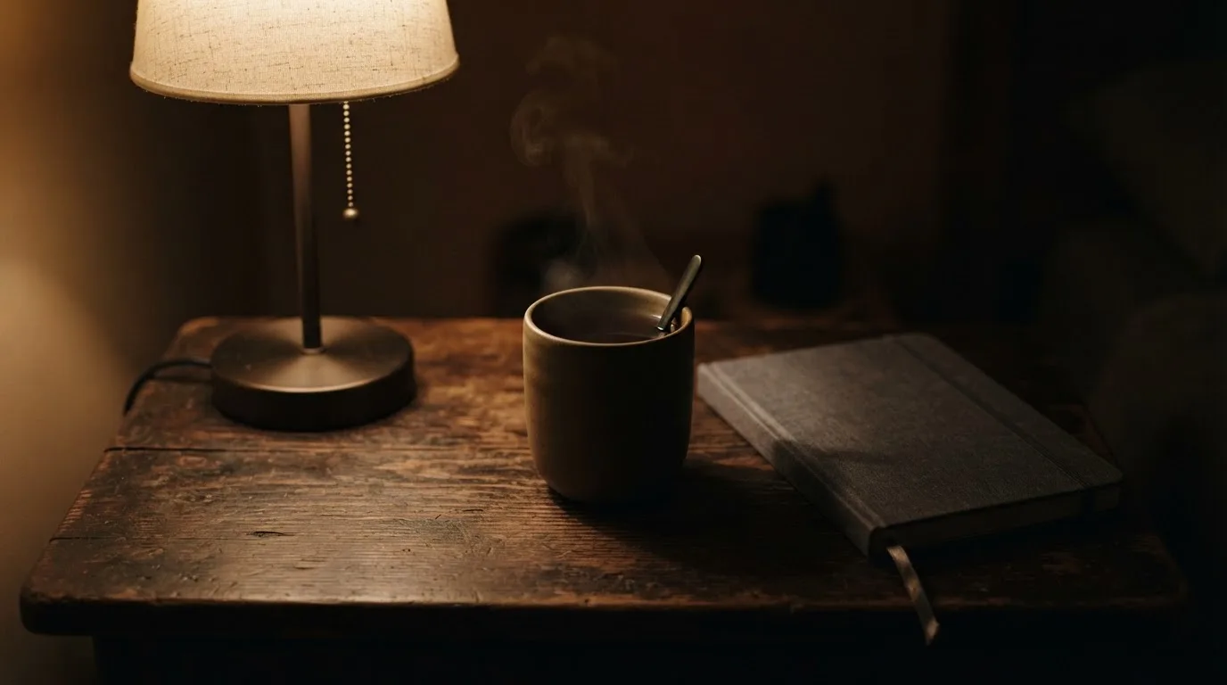 Filiżanka stygnącej herbaty i zgaszona lampka na biurku nocą, obok leży zamknięty zeszyt.